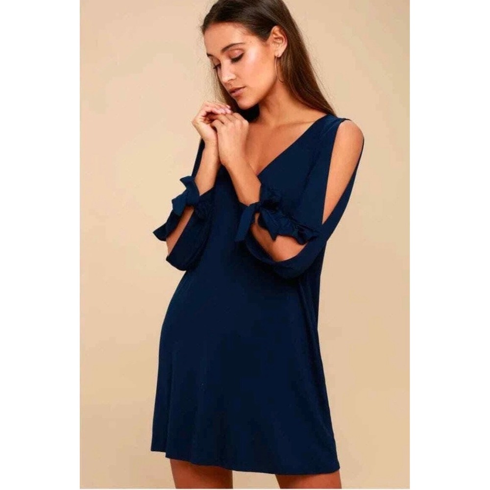 Lulus Glory of Love Navy Blue Shift Dress Cold Shoulder Tie Sleeve XL NEW
